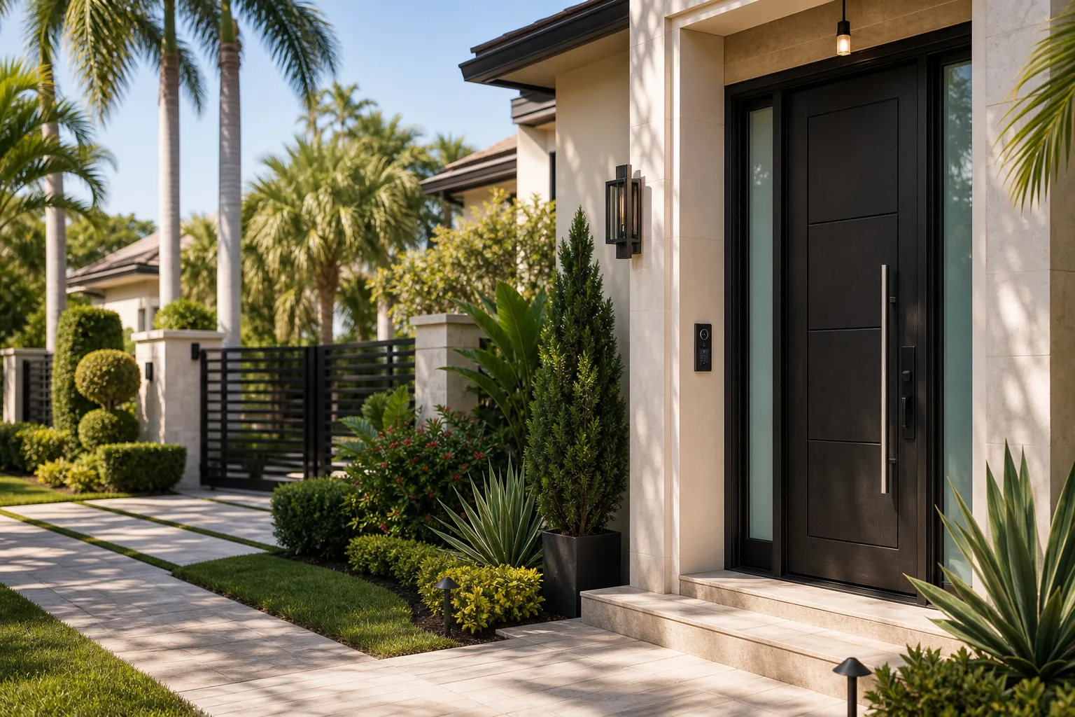 Abstract illustration of estate protection and perimeter-secure residential entry.