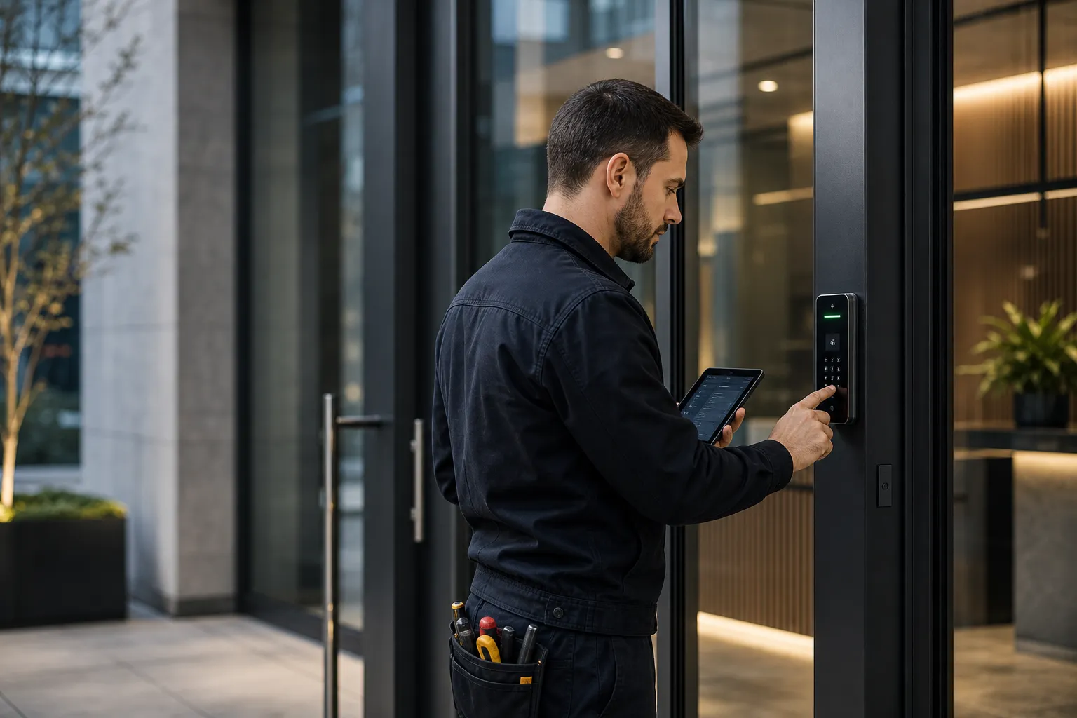 Abstract illustration of commercial access control hardware and secure-entry devices.