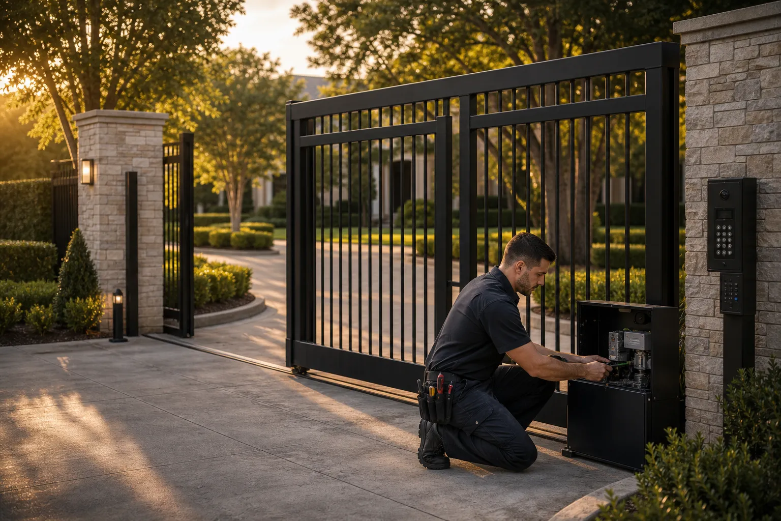 Abstract illustration of automated gate systems and maintained perimeter equipment.