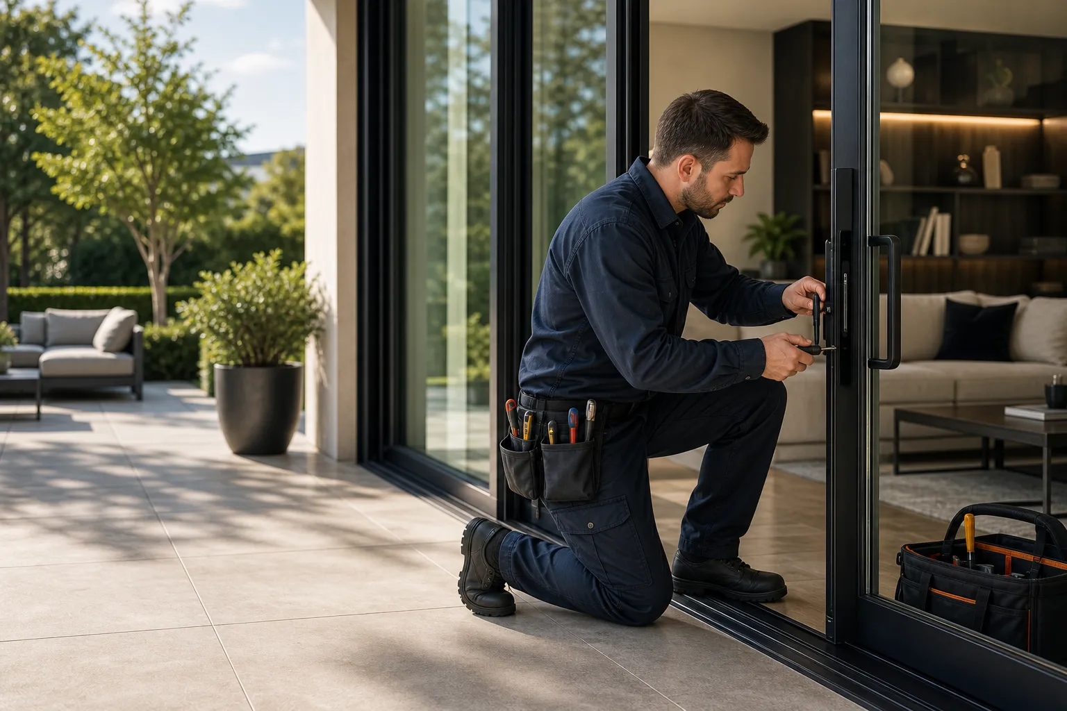 Abstract illustration of protected sliding door systems and reinforced secure-entry hardware.